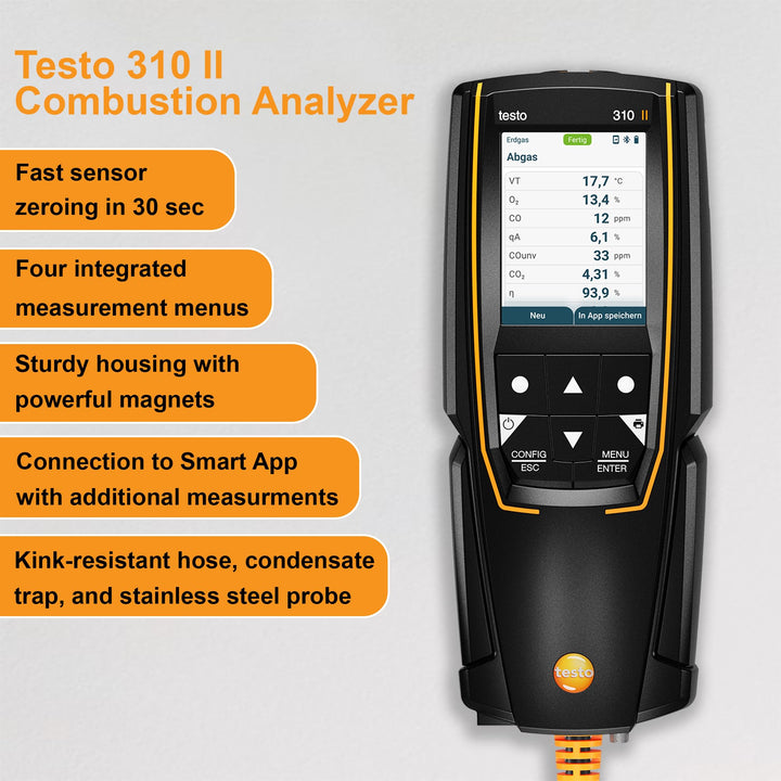 testo Natural Gas Detector Set 310 II – Manometer for Temperature, Flue Gas, and Pressure – Combustion Analyzer – CO Meter – Air Quality Tester with Smart App – Carbon Monoxide Meter with Probe App Connection Standard Set