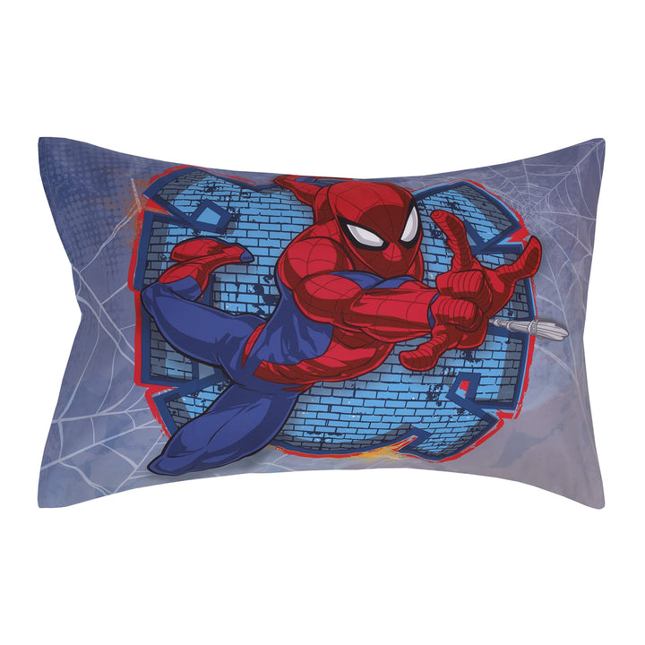 Marvel Spiderman Wall Crawler Red, White, and Blue Spider Webs 4 Piece Toddler Bed Set - Comforter, Fitted Bottom Sheet, Flat Top Sheet, and Reversible Pillowcase Marvel Spiderman