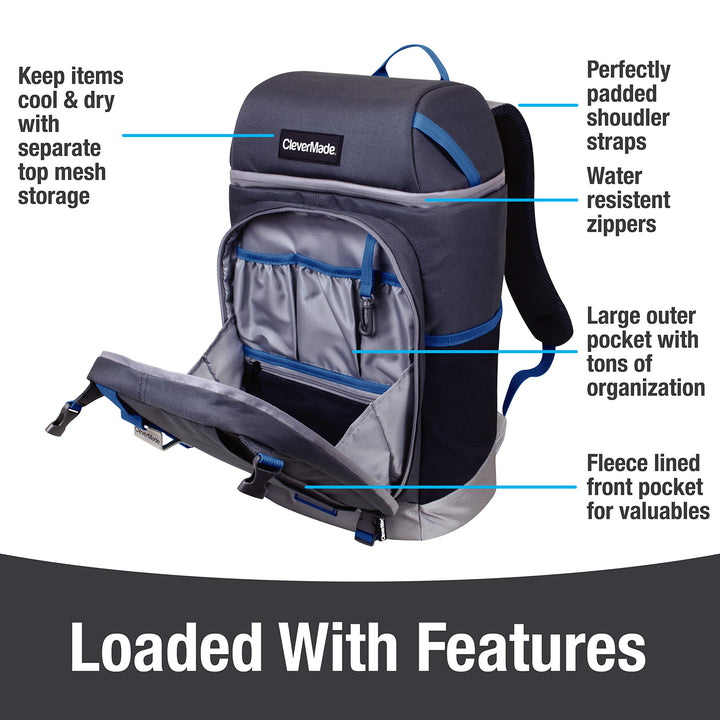 CleverMade Pacifica Backpack Coolers Insulated Leak Proof, Dusty Teal/Midnight - 24 Can Insulated Cooler Bag, Picnic and Beach Backpack Lunch Box - Cooler Backpack Made from Recycled Materials