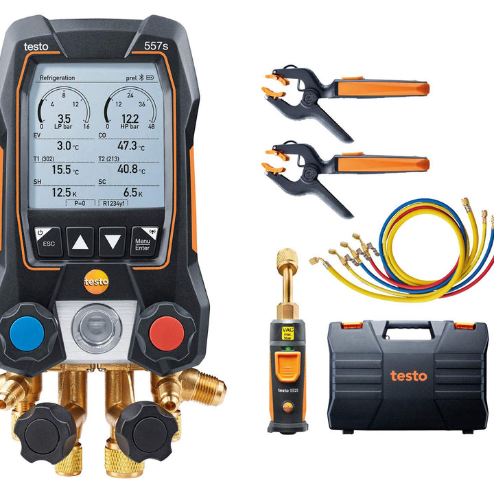 testo 557s AC Manifold Gauge Set – AC Recharge Kit with 2x testo 115i Pipe Clamp Thermometer, 1x testo 552i Micron Gauge, and 4x Hoses – AC Gauge Set with Bluetooth Vacuum Kit with 4 Hoses