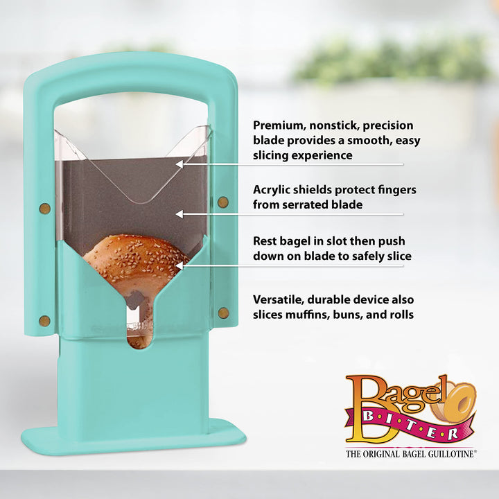 Hoan Bagel Guillotine Universal Slicer with Built In Safety Shield to Protect Fingers. Perfect for Smoothly Slicing Bagels, Buns, Muffins and More, Non Stick. 9.25 inch, Aqua Sky