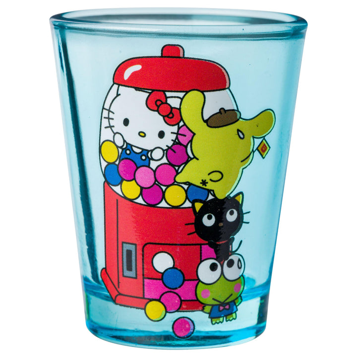 Silver Buffalo Sanrio Hello Kitty and Friends Featuring My Melody, Keroppi, Chococat, Pompompurin, Tuxedo Sam, Cinnamoroll, and Badtz-Maru 4 Pack Mini Glass Set, 1.5 Ounces Sanrio Group Shot