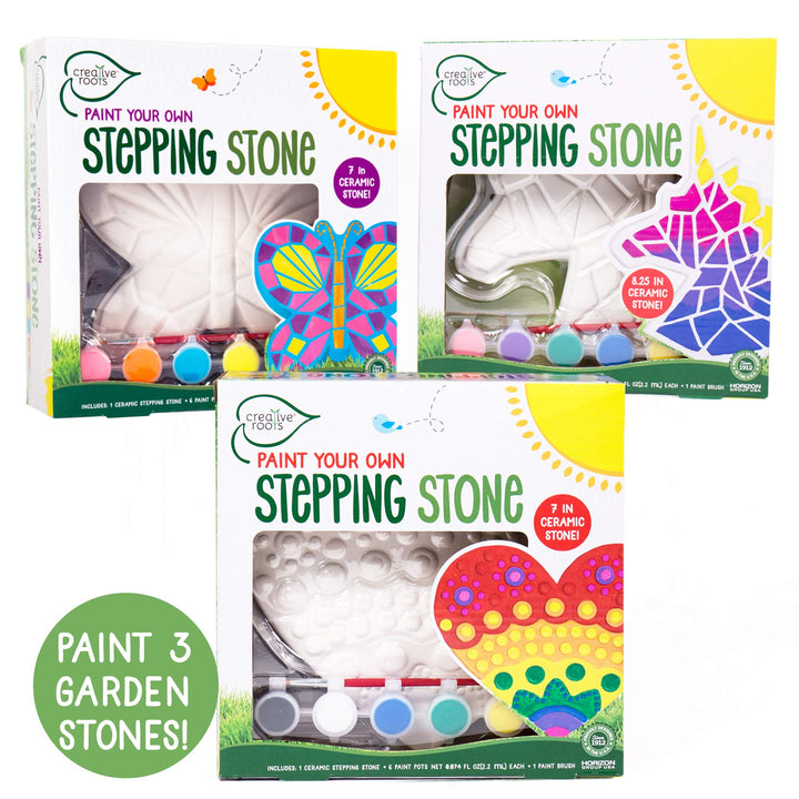 Creative Roots Mosaic Butterfly, Unicorn, & Heart Stepping Stone, Includes 3-Pack 7-Inch Ceramic DIY Stepping Stone & 6 Vibrant Paints, Paint Your Own Stepping Stone for Kids Ages 8+ 3 Pack Mystical