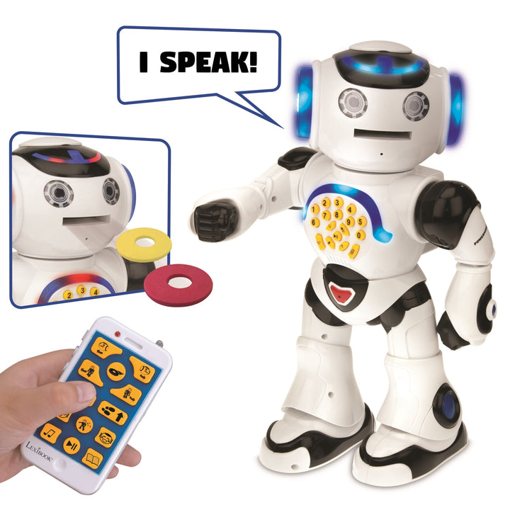 LEXIBOOK Powerman - Remote Control Walking Talking Toy Robot, Dances, Sings, Reads Stories, Math Quiz, Shooting Discs, and Voice Mimicking, for Kids 4+ - ROB50US