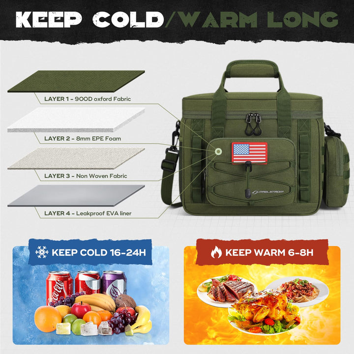 Maelstrom Large Tactical Lunch Box for Men,Insulated Lunch Bag, Leakproof Soft Cooler Bags with Detachable MOLLE Bag,Durable Lunch Tote for Adult Women Work,Picnic,30 Cans/20 L, Army Green 20L