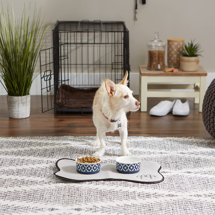 Bone Dry Lattice Pet Bowl, Removable Silicone Ring Creates Non-Slip Bottom for Secure Feeding & Less Mess, Microwave & Dishwasher Safe, Small Set, 4.25x2", Nautical Blue, 2 Count Small Round (2)