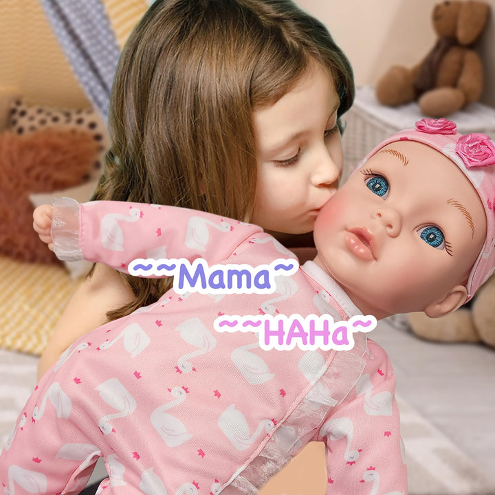 New Adventures Little Darlings: 14" Kiss N Tickles Baby Doll - Pink, White, Swan - Soft Body, Sounds, Light Up Cheek, Accessories, Toddler Kid Age 2+