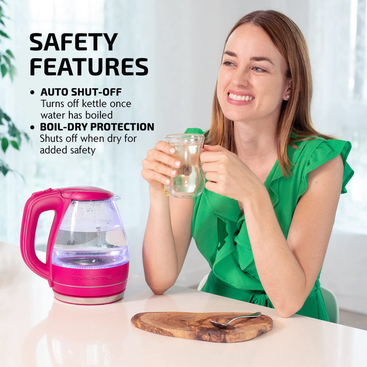 OVENTE Glass Electric Kettle Hot Water Boiler 1.5 Liter Borosilicate Glass Fast Boiling Countertop Heater - BPA Free Auto Shut Off Instant Water Heater Kettle for Coffee & Tea Maker - Purple KG83P