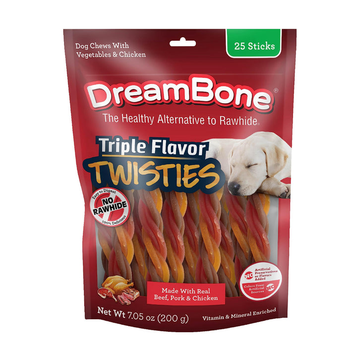 Dreambone Triple Flavor Twisties, 25 Count, Rawhide-Free Dog Chews Made with Real Beef, Pork & Chicken, 7.05 Ounce (Pack of 1) 7.05 Ounce (Pack of 1)