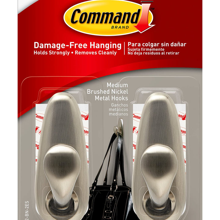 Command Forever Classic Medium Metal Wall Hooks, Damage Free Hanging Wall Hooks with Adhesive Strips, No Tools Wall Hooks for Hanging Decorations in Living Spaces, 2 Metal Hooks and 4 Command Strips Medim