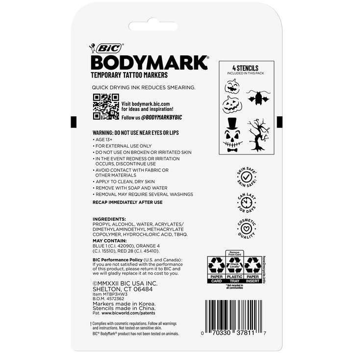 BodyMark Halloween Pack - Deluxe Body Markers, Premium Temporary Tattoo Markers for Skin, DIY Halloween Costume Long Lasting Temporary Tattoos, Custom Tattoo Kit with 3ct Markers & 4ct Spooky Stencils