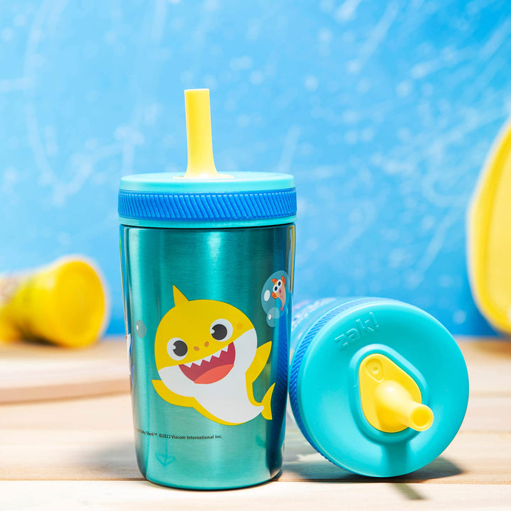 Zak Designs Baby Shark Kelso Tumbler Set, Leak-Proof Screw-On Lid with Straw, Bundle for Kids Includes Plastic and Stainless Steel Cups with Bonus Sipper (3pc Set, Non-BPA)15 fl oz. Classic