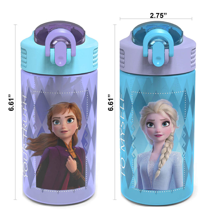 Zak Designs Disney Frozen 2 Kids Water Bottle Set with Reusable Straws and Built in Carrying Loops, Made of Plastic, Leak-Proof Designs 16 oz, BPA-Free, 2pc Set, Elsa & Anna (Frozen 2)