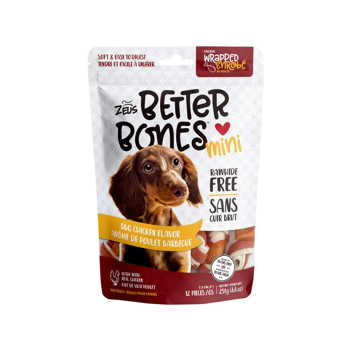 ZEUS Better Bones Dog Treats, Rawhide Free Healthy Chicken Jerky Dog Treats, Chicken Wrapped Mini Bones, 12 Count BBQ Chicken Chicken-Wrapped Mini, 12 Count