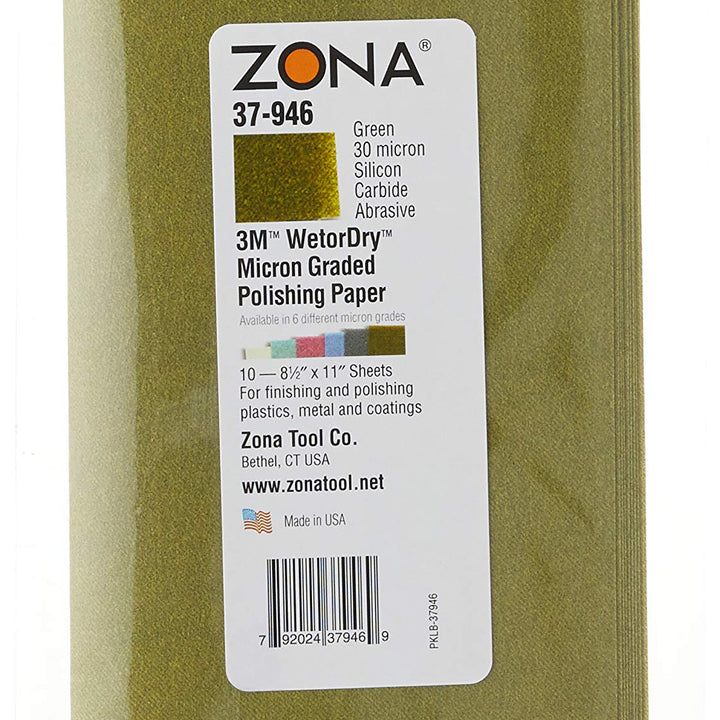 Zona 37-946 3M Wet/Dry Polishing Paper, 8-1/2-Inch X 11-Inch, 30 Micron, Green, 10-Pack