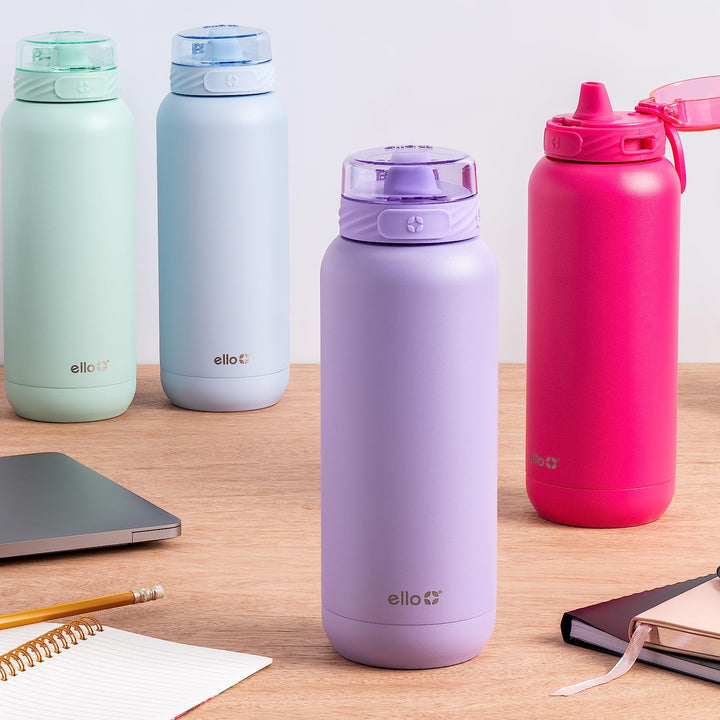 Ello Cooper Stainless Steel Water Bottle with Straw and Carry Handle, Double Walled and Vacuum Insulated Metal, Leak Proof Locking Lid with Soft Silicone Spout, Reusable, BPA Free, 22oz, 32oz, 40oz Lilac