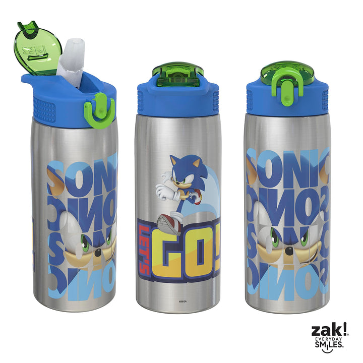 Zak Designs Sonic the Hedgehog Water Bottle for Travel and At Home, 19 oz Vacuum Insulated Stainless Steel with Locking Spout Cover, Built-In Carrying Loop, Leak-Proof Design (Sonic)