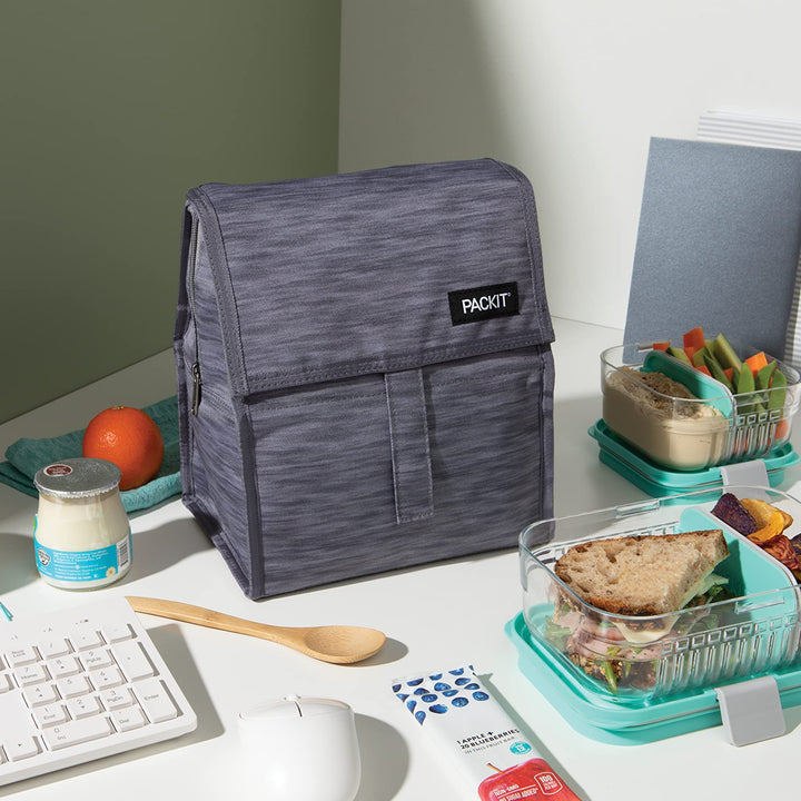 PackIt Freezable Lunch Bag, Charcoal Space Dye, Built with EcoFreeze Technology, Foldable, Reusable, Zip and Velcro Closure with Buckle Handle, Perfect for School and Office Lunches