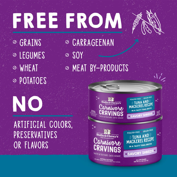 Stella & Chewy’s Carnivore Cravings Savory Shreds Cans – Grain Free, Protein Rich Wet Cat Food – Wild-Caught Tuna & Mackerel Recipe – (5.2 Ounce Cans, Case of 8) 5.2 Ounce (Pack of 8)