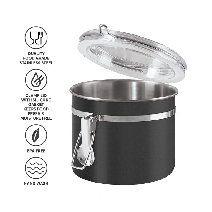 Oggi Stainless Steel Kitchen Canister 26 fl oz, Black - Airtight Clamp Lid, Clear See-Thru Top - Ideal for Kitchen Storage, Food Storage, Pantry Storage. Size 5" x 3.5". 26-ounce Airtight Canister