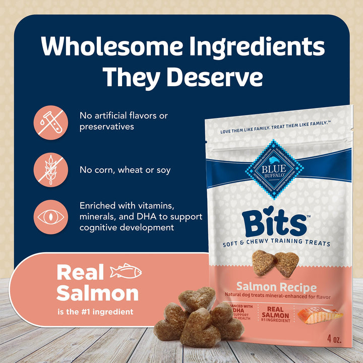 Blue Buffalo Bits Soft Dog Treats for Training, Made with Natural Ingredients & Enhanced with DHA, Savory Salmon Recipe, 4-oz. Bag 4 Ounce (Pack of 1)