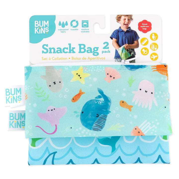 Bumkins Reusable Snack Bags, for Kids School Lunch and for Adults Portion, Washable Fabric, Waterproof Cloth Zip Bag, Supplies Travel Pouch, Food-Safe Storage, 2-pk Blue Ocean Life Snack Bag 2-pk Ocean Life & Whale Tail-Sm