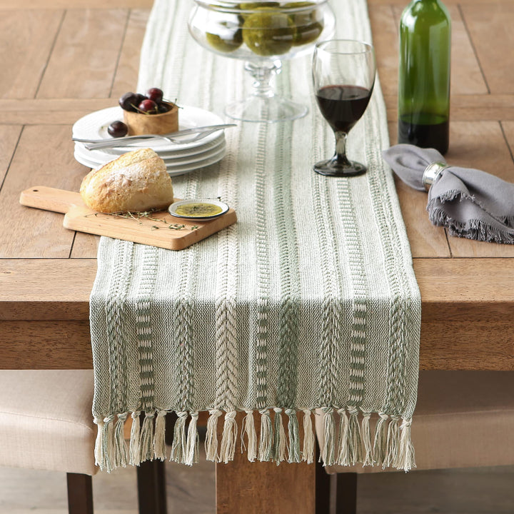 DII Farmhouse Braided Stripe Table Runner Collection, 15x72 (15x77, Fringe Included), Artichoke Green