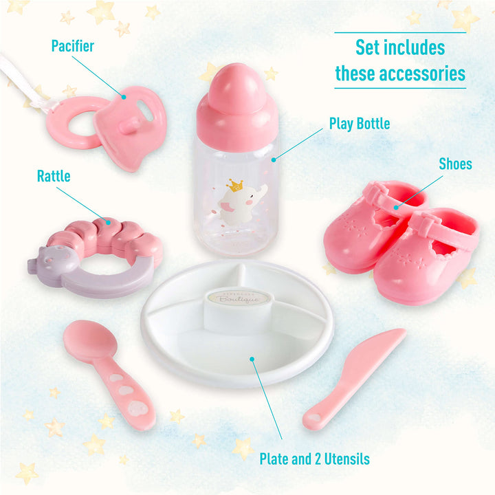 15" Realistic Soft Body Baby Doll with Open/Close Eyes | JC Toys - Berenguer Boutique | 10 Piece Gift Set with Bottle, Rattle, Pacifier & Accessories | Pink | Ages 2+ Pink Gift Set