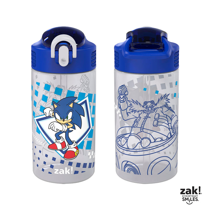 Zak Designs Sonic Kids' 2-Pack Leak-Proof Water Bottles With Straw, Handle and Pop-Up Spout Cover 2 Count (Pack of 1) Sonic the Hedgehog