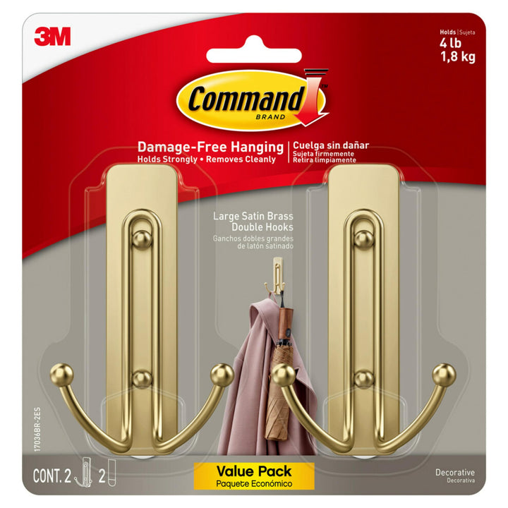 Command Large Wall Hooks, Damage Free Hanging Wall Hooks with Adhesive Strips, No Tools Double Wall Hooks for Hanging Decorations in Living Spaces, 2 Satin Brass Plastic Hooks and 2 Command Strips