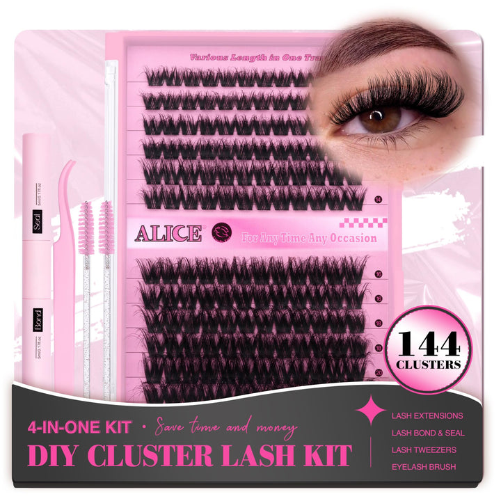 ALICE Lash Extension Kit Fluffy Volume Cluster Lashes Wispy 8-20MM D Curl Individual Lashes Eyelash Clusters Kit Lash Glue Bond and Seal Tweezers Diy Eyelash Extension Kit Self Application at Home