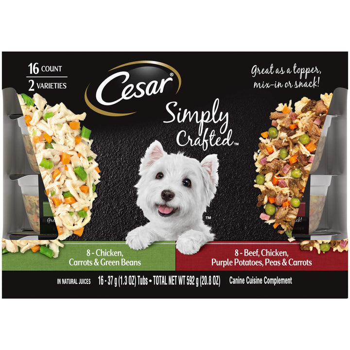 CESAR SIMPLY CRAFTED Adult Wet Dog Food Meal Topper, Chicken, Carrots & Green Beans and Beef, Chicken, Purple Potatoes, Peas & Carrots Variety Pack, 1.3 oz., Pack of 16 Chicken & Beef Variety 1.3 Ounce (Pack of 16)