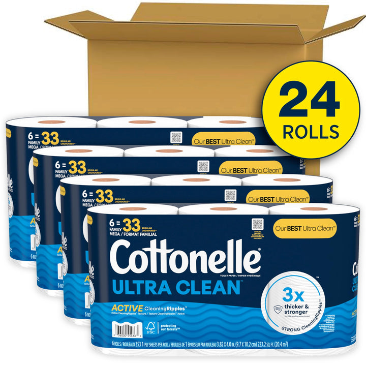 Cottonelle Ultra Clean Toilet Paper with Active CleaningRipples Texture, 24 Family Mega Rolls (24 Family Mega Rolls = 132 Regular Rolls) (4 Packs of 6), 353 Sheets Per Roll, Packaging May Vary 353 sheet (Pack of 24)