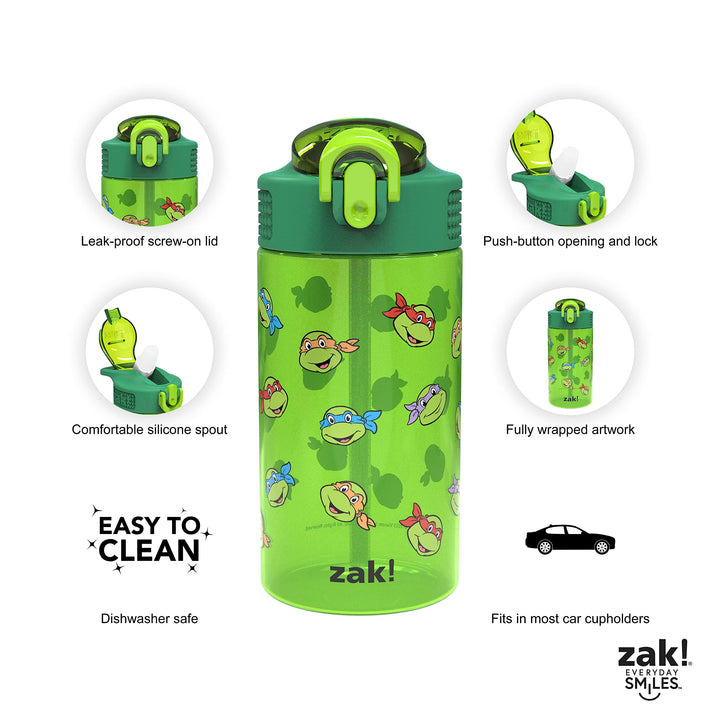 Zak Designs Teenage Mutant Ninja Turtles Kids Water Bottle For School or Travel, 16oz 2-Pack Durable Plastic Water Bottle With Straw, Handle, and Leak-Proof, Pop-Up Spout Cover (TMNT) 2 Count (Pack of 1)