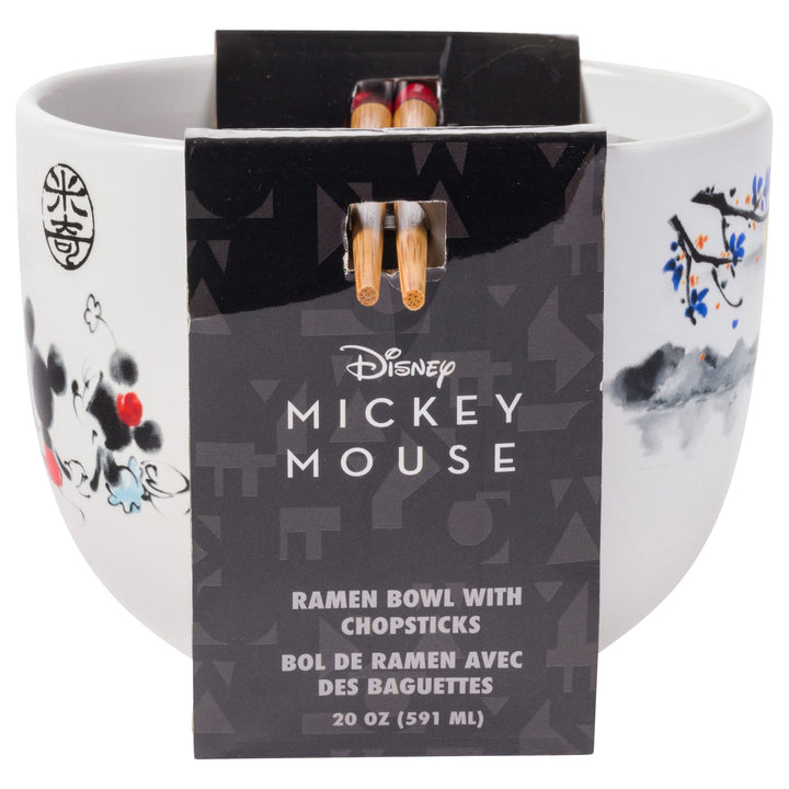 Silver Buffalo Disney Mickey and Minnie Watercolor Watching the Sunset Ceramic Ramen Noodle Rice Bowl with Chopsticks, Microwave Safe, 20 Ounces Cartoon