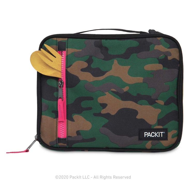 PackIt Freezable Classic Lunch Box, Camo Hot Pink, Built with EcoFreeze Technology, Collapsible, Reusable, Zip Closure With Zip Front Pocket and Buckle Handle, Designed for Lunches Camo with Hot Pink Trim