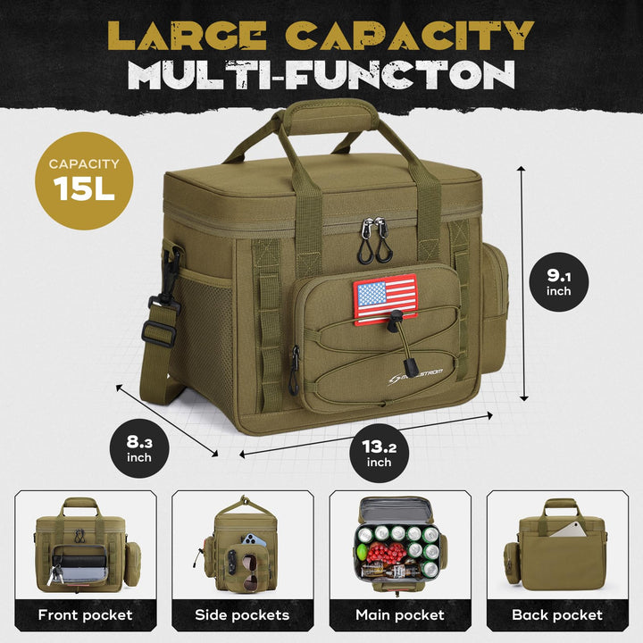 Maelstrom Tactical Lunch Box, Insulated Lunch Bag for Men, Large Durable Leakproof Cooler Bag with Detachable MOLLE Bags, Modern Lunch Tote for Adult Women Work,Picnic,20 Cans/15 L, Khaki 15L