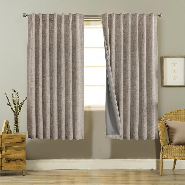 Joydeco 100% Black Out Curtains 63 inch Long 2 Panels Burg Natural Blackout Linen Drapes for Bedroom Living Room Darkening Curtain Thermal Insulated Back tab Rod Pocket(37x63 inch,Sage Green) Sage Green 37"W x 63"L (Pack of 2)