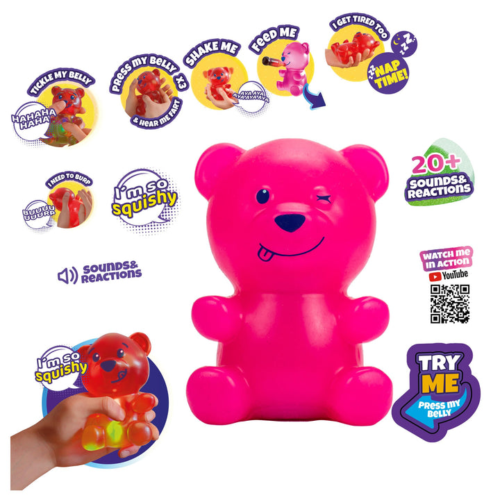 Eolo Toys - Jiggly Gummymals Pink. Interactive Super Squishy Gummy Bear Style pet with Over 20 Sounds and Reactions for Children Aged 4 and Up