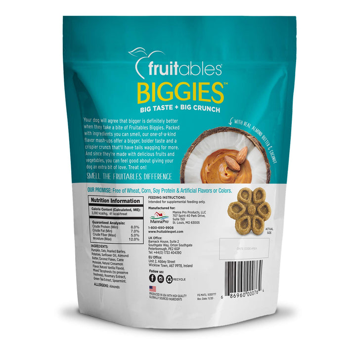 Fruitables Biggies Dog Biscuits  Crunchy Dog Biscuits Made with Pumpkin  Healthy Dog Treats Packed with Real Fruit Flavor  Free of Wheat, Corn and Soy  Almond Butter & Coconut  16 oz