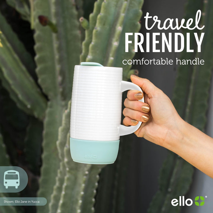 Ello Jane 18oz Ceramic Travel Mug with Handle, Splash-Resistant Slider Lid and Built-in Coaster, Perfect for Coffee and Tea, BPA Free, Dishwasher Safe, Holiday Gift Her Him, Gray