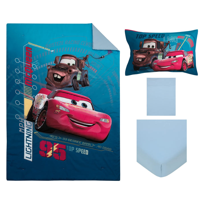 Disney Cars Piston Cup Circuit Blue, Red, and Yellow, Lightning McQueen and Mater 4 Piece Toddler Bed Set - Comforter, Fitted Bottom Sheet, Flat Top Sheet, and Reversible Pillowcase Disney Cars Piston Cup