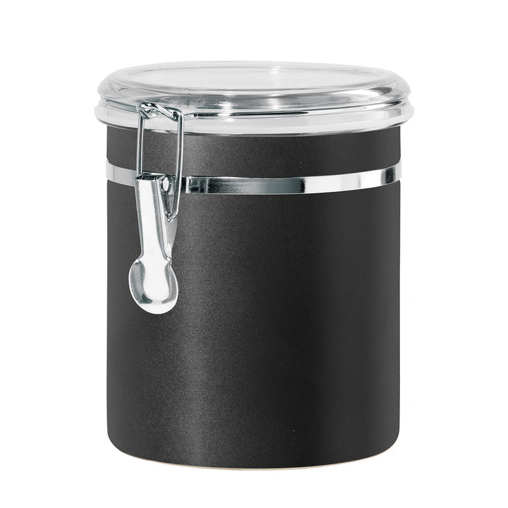 Oggi Stainless Steel Kitchen Canister 47 fl oz, Black - Airtight Clamp Lid, Clear See-Thru Top - Ideal for Kitchen Storage, Food Storage, Pantry Storage. Large Size 5" x 6". 52-ounce Airtight Canister