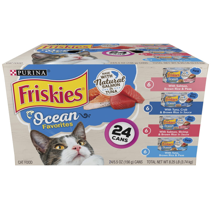 Purina Friskies Ocean Favorites Wet Cat Food Pate and Meaty Bits Variety Pack With Salmon and Tuna - (Pack of 24) 5.5 oz. Cans