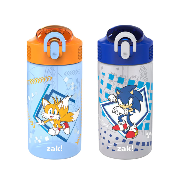 Zak Designs Sonic Kids' 2-Pack Leak-Proof Water Bottles With Straw, Handle and Pop-Up Spout Cover 2 Count (Pack of 1) Sonic the Hedgehog