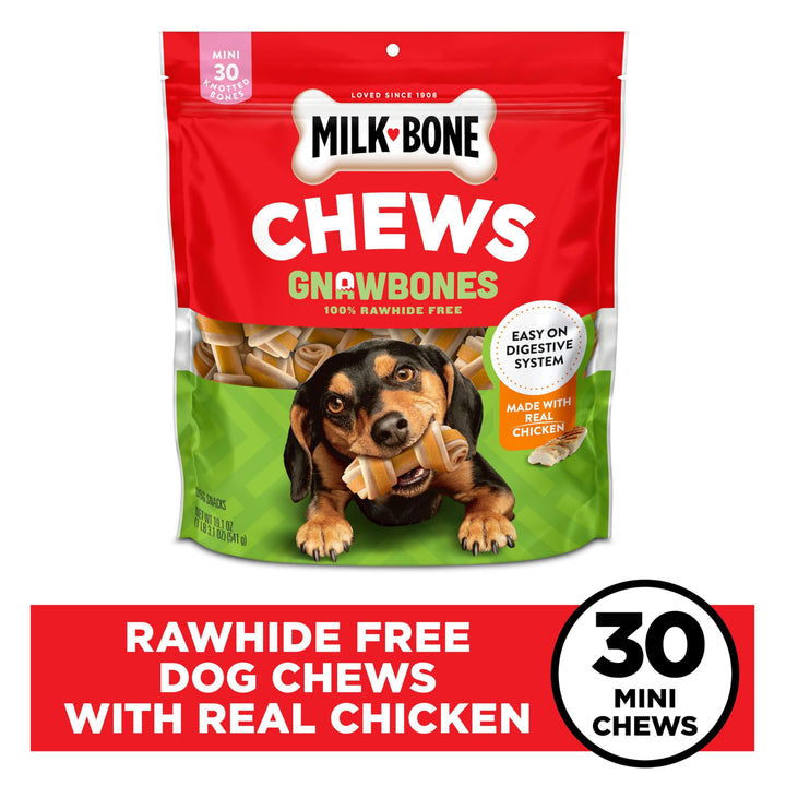 Milk-Bone Chews GnawBones Rawhide Free Dog Treats, Chicken, 30 Long Lasting Mini Knotted Bones 1.19 Pound (Pack of 1)