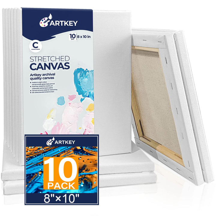 Artkey Canvases for Painting 8 x 10 Inch 10 - Pack, 5/8" Profile Stretched Canvas - 10 oz Primed, 100% Cotton White Blank Canvas - Art Paint Canvases for Acrylic Oil Paint 8"X10"