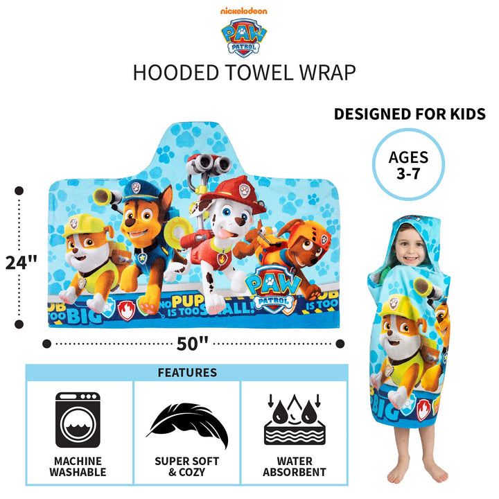 Franco Kids Bath and Beach Soft Cotton Terry Hooded Towel Wrap, 24" x 50", Paw Patrol Blue Multicolor 24 in x 50 in