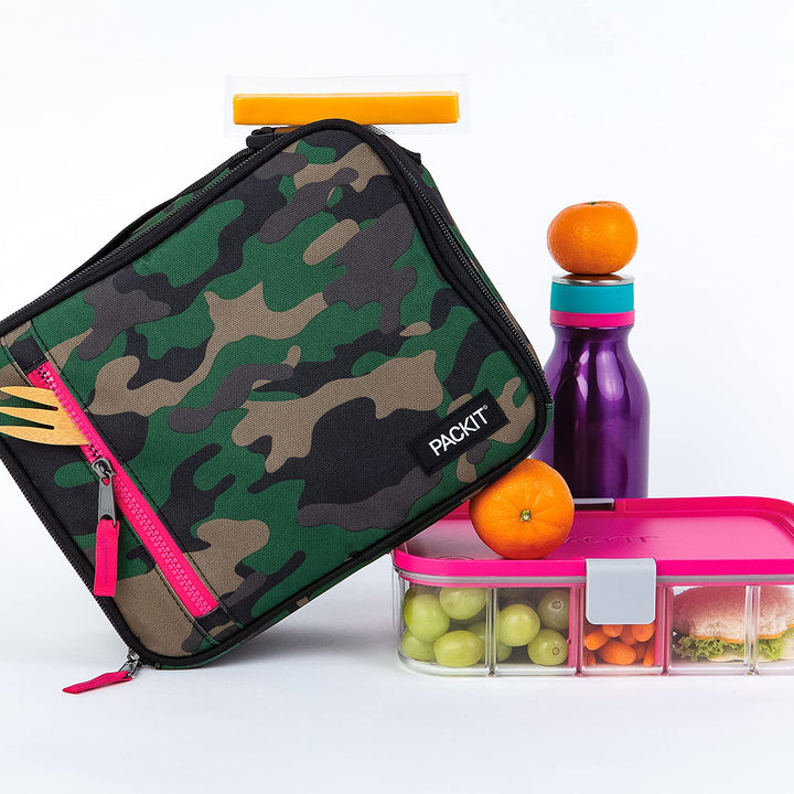 PackIt Freezable Classic Lunch Box, Camo Hot Pink, Built with EcoFreeze Technology, Collapsible, Reusable, Zip Closure With Zip Front Pocket and Buckle Handle, Designed for Lunches Camo with Hot Pink Trim