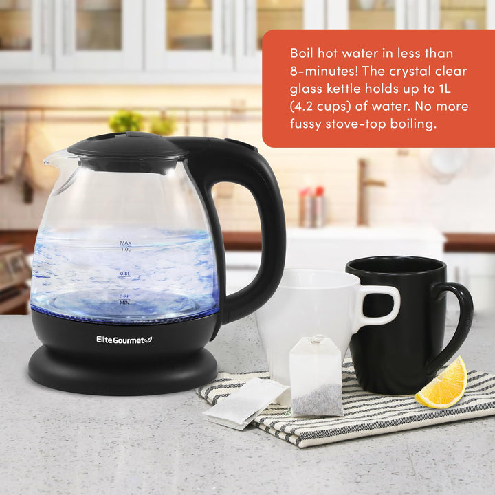 Elite Gourmet EKT1001 Electric 1.0L BPA-Free 1100W Glass Kettle Cordless 360° Base, Stylish Blue LED Interior, Handy Auto Shut-Off Function – Quickly Boil Water For Tea & More, Black 1.1 Quarts